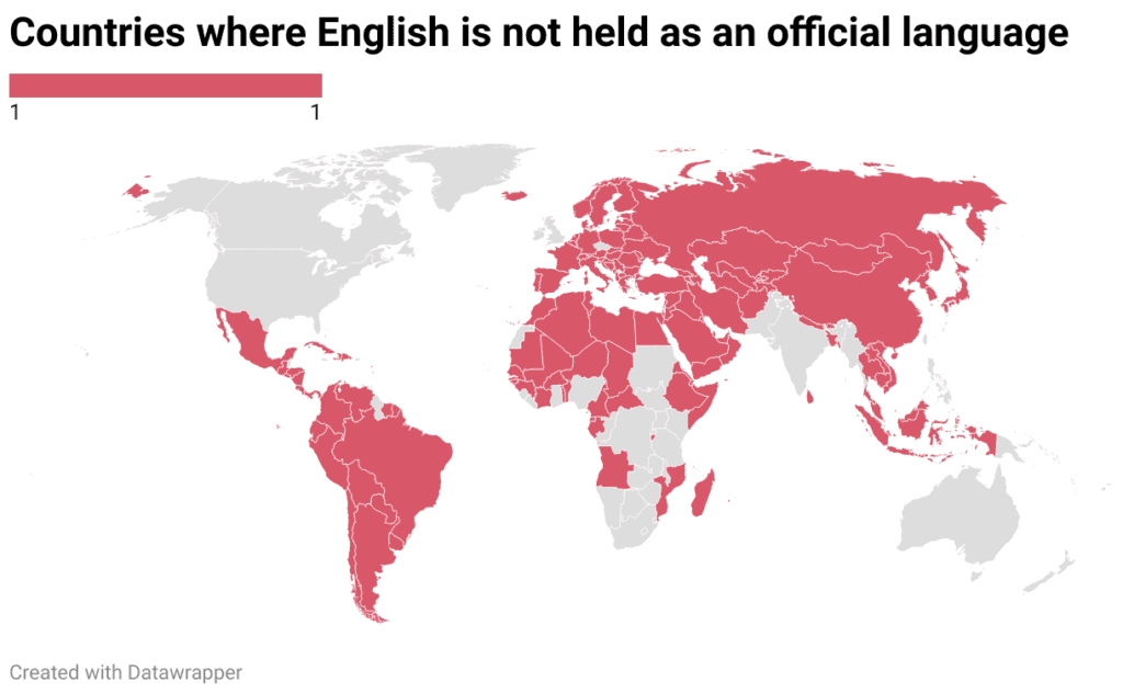 Map of countries where English is not an official language